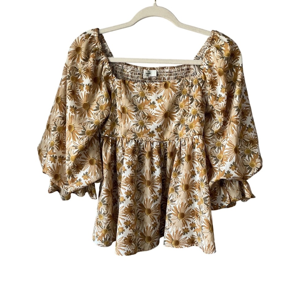 Entro Mustard Yellow Daisy Floral Smocked Back Puff Sleeve Babydoll Top Small